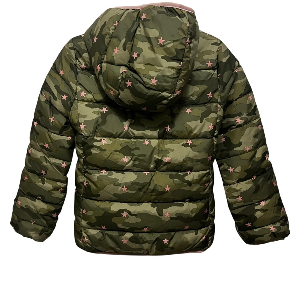 NWT Gap Kids Hooded Puffer Jacket Coat‎ Girls Large Primaloft Camo Pink Stars - Picture 2 of 11